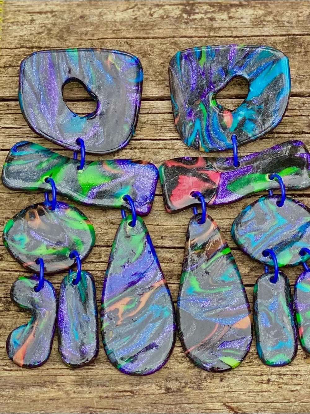 Handmade Multicolor Resin Dangle Earrings - Blue, Green & Purple Swirl
